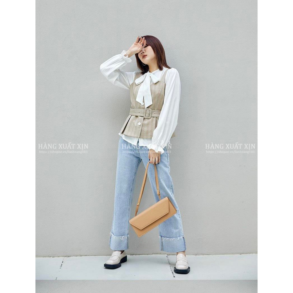 Quần jean suông culottes LE..VIS gập gấu hàng dư xịn vải jean co giãn màu siêu đẹp