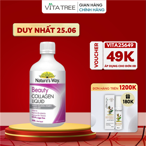 Bổ sung Collagen thủy phân Nature's Way Beauty Collagen Liquid và vitamin E, tinh chất hạt nho lọ 500ml
