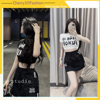Set bộ quần áo croptop nữ gồm áo thun crt và quần short đùi bo zip đẹp