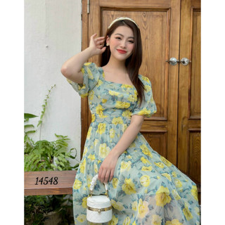 Đầm voan hoa cổ vuông tay phồng phong cách hàn