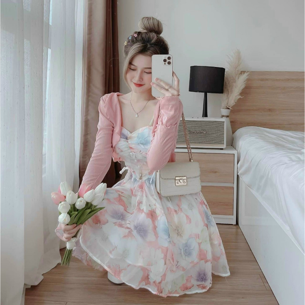 M05 set đầm hồng voan hoa 2 dây đính cườm kèm á khoác tay dài nina lê