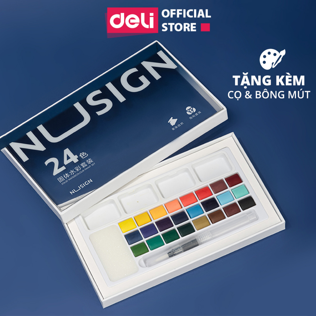[HỌA CỤ DELI] Màu Nước Dạng Nén Cao Cấp 24 Màu Nusign Finenolo - Kèm Bút Vẽ Bông Mút Chuyên Nghiệp M