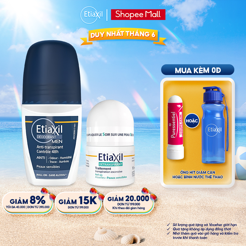 Combo Lăn Khử Mùi Hàng Ngày Etiaxil Men 50ml và Lăn Khử Mùi Ngăn Mồ Hôi Etiaxil 15ml (nhãn xanh)