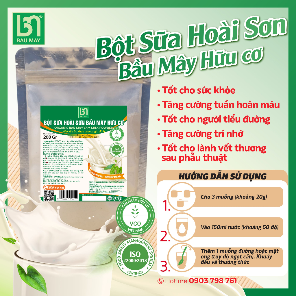Bột sữa Hoài sơn Hữu cơ Bầu Mây - Giúp tăng cường sức khỏe cho những người đang bị suy nhược cơ thể