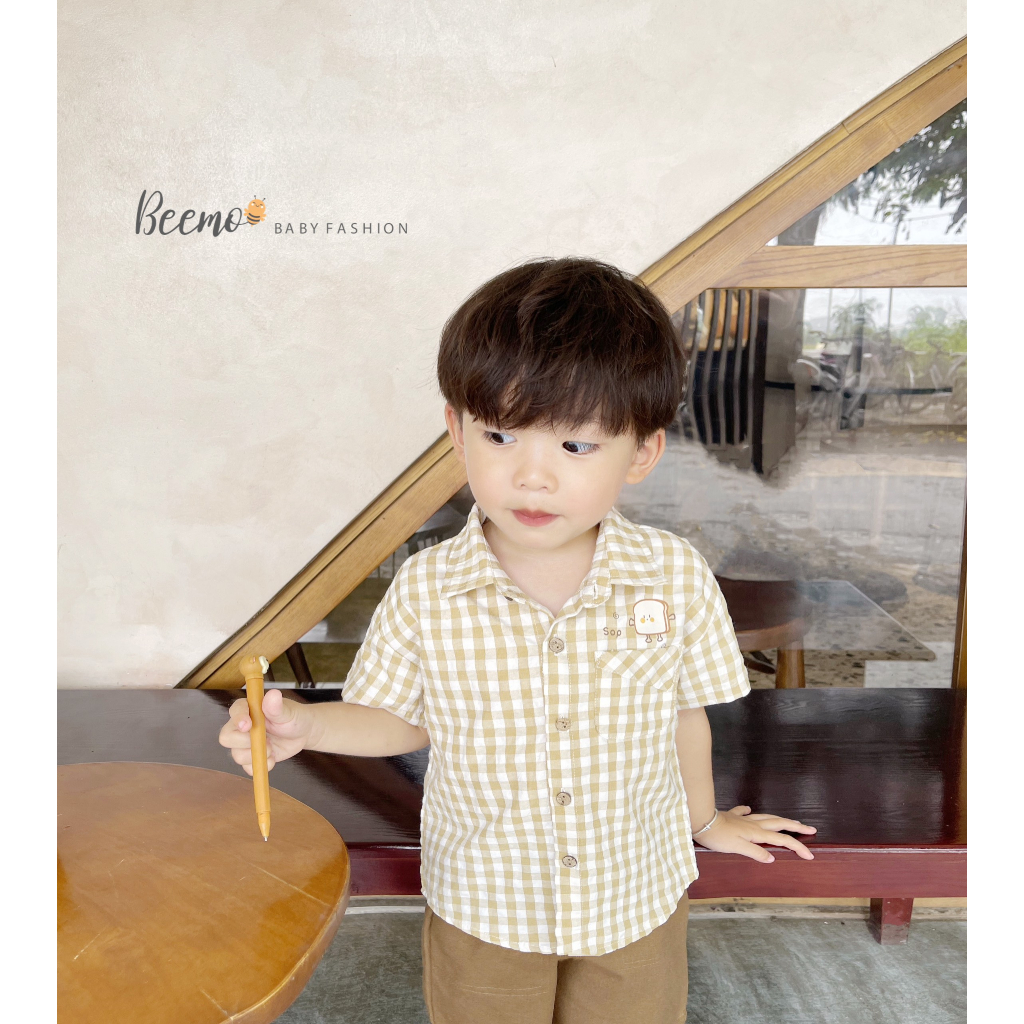 Bộ quần áo kẻ carô cho bé trai Beemo,Chất liệu đũi siêu mềm mại, thoáng mát,in hình bánh sandwich dễ thương B344