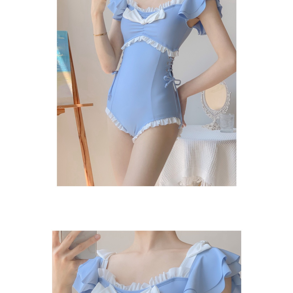 Bikini INFLACHI đi biển nữ 1 mảnh kín đáo liền thân trẻ trung vải co giãn che bụng phong cách tiểu thư 0864 D2T1