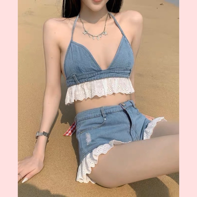 Set áo croptop + quần jean phối ren Ulzzang Quần Jean Áo Ngực Jean Cột Nơ Lưng Set áo quần denim đi biển siêu xinh