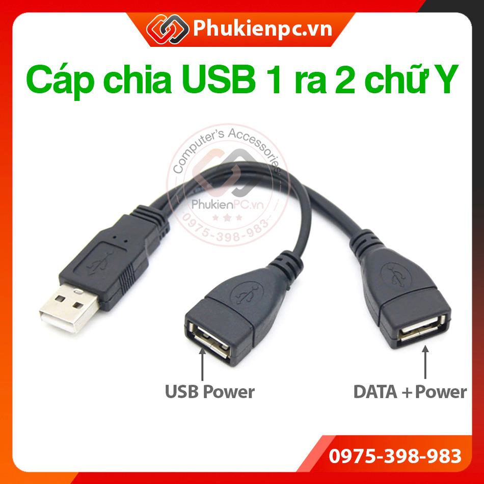 Cáp chia USB 1 ra 2 chữ Y, USB Power, dữ liệu DATA. cho máy tính PC Laptop thiết bị điện tử, sạc Pin điện thoại di động