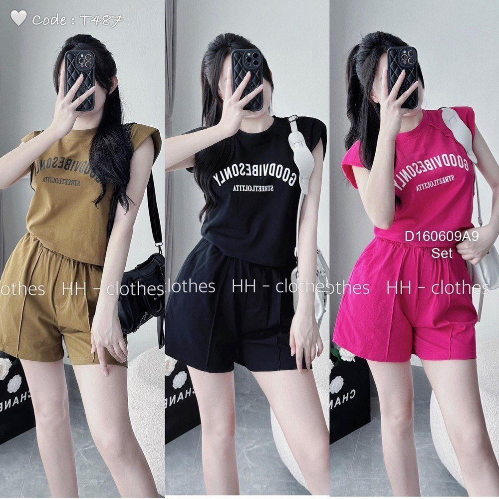 Set bộ áo tay hến ngực có đệm vai ngực phối chữ kèm quần short!