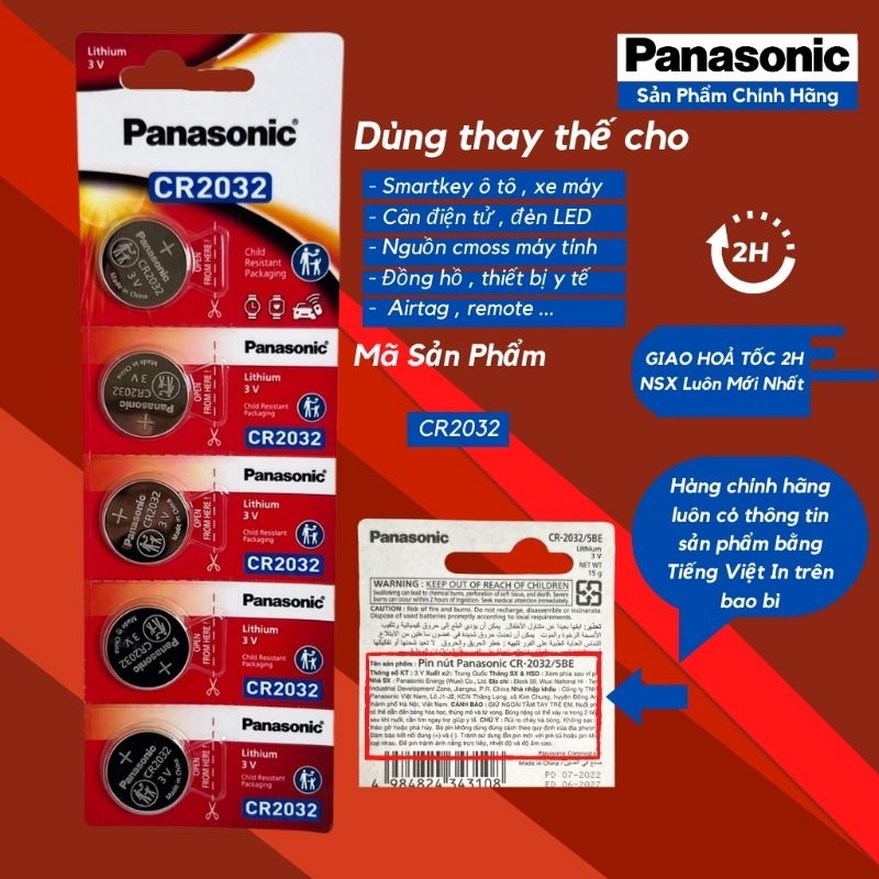 FREESHIP - Vỉ 5 viên Pin CMOS Panasonic CR2032, CR2025, CR2016 Pin 3v Lithium Made in Indonesia ( Bao check mã vạch )