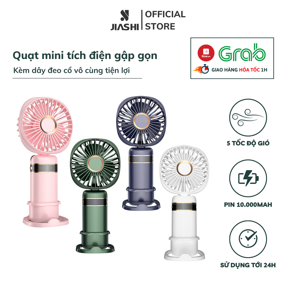 Quạt mini cầm tay tích điện gấp gọn JIASHI 5 tốc độ gió xoay linh hoạt 90 độ có dây đeo cổ pin lớn 10.000mAh QMN11
