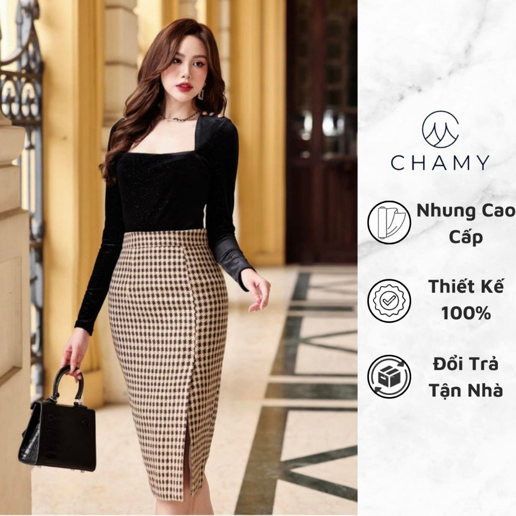 Áo Kiểu 𝐂𝐇𝐀𝐌𝐘 Ines Dáng Ôm Basic Phối Cúc Vai Tinh Tế Chất Nhung Mịn Mềm Mướt