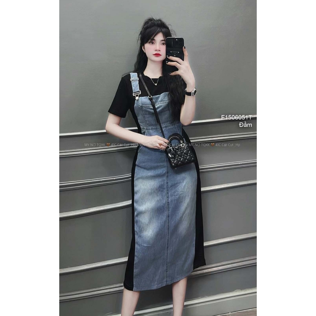 Đầm thun dáng dài phối yếm jean siêu cute tay ngắn!