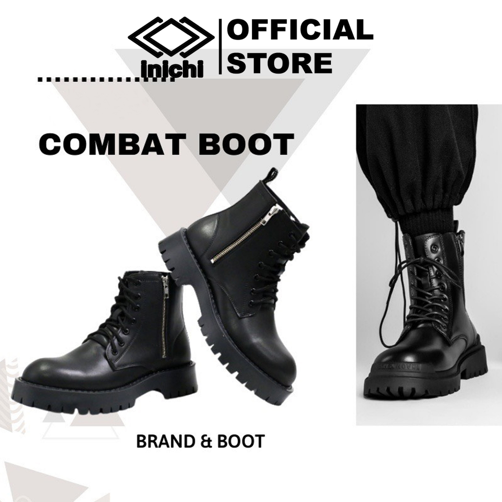 Giày Chunky Combat Boots da khóa kéo thời trang INICHI G1111 da lì chống nhăn