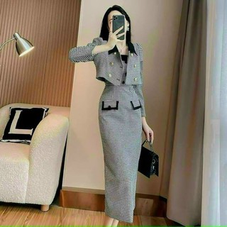 Đầm thời trang nữ mặc đi chơi chất dạ kim cương phối 2 dây 2 túi giả kèm áo khoác cổ vest tay dài đính nút kiểu đầm ôm