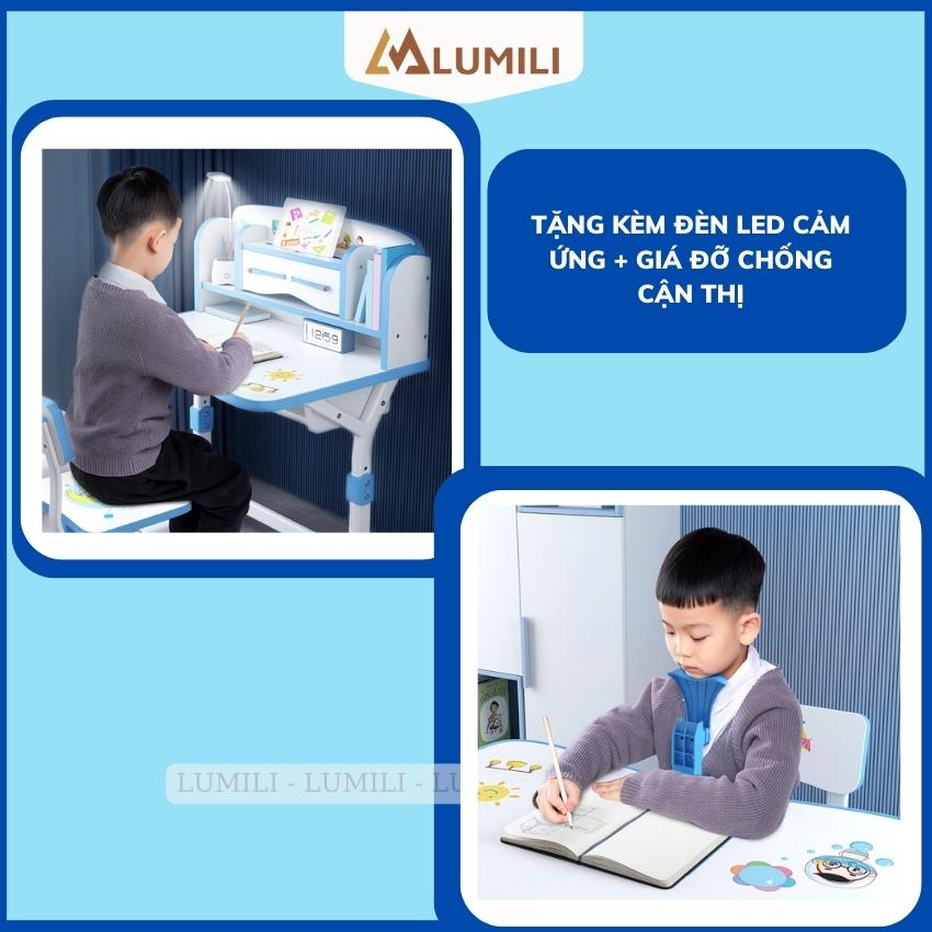 Bộ bàn học sinh Lumili D1 có giá sách chống gù chống cận, bàn học thông minh kèm kệ sách phù hợp cho học sinh tiểu học