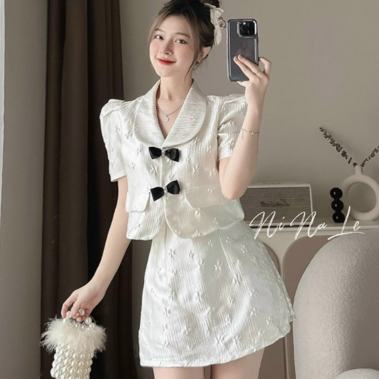 Set đồ nữ chất gấm siêu xinh cổ bèo tay bồng mix nơ dễ thương chân váy chữ A dáng ngắn siêu tôn dáng hot hit dạo phố