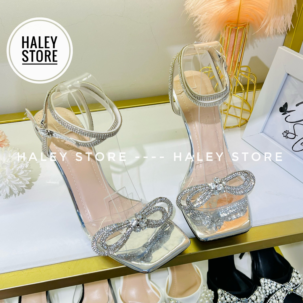 Giày sandal nữ HALEY STORE gót 9cm đính nơ xoàn đá pha lê tiểu thư công chúa đi tiệc cưới cô dâu rẻ bền đẹp