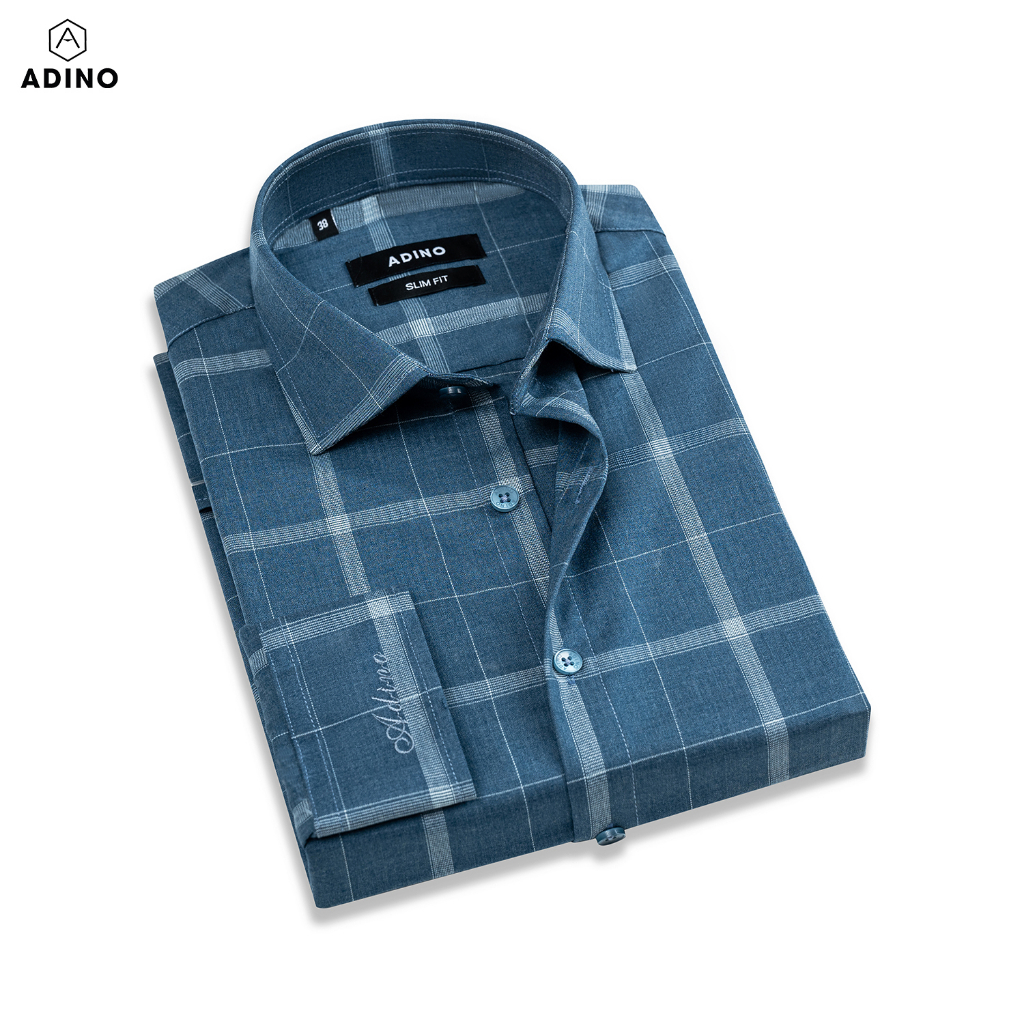Áo sơ mi kẻ nam màu xanh ghi ADINO vải Bamboo sợi tre mềm mịn dáng slimfit công sở trẻ trung S275