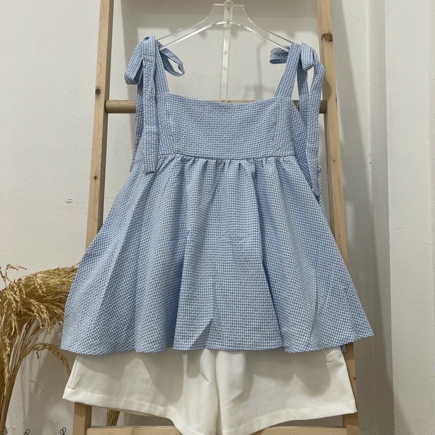 Bộ quần áo nữ set style Hàn Quốc ,Set áo babydoll hai dây thắt nơ kẻ xanh và quần short trắng cực xinh