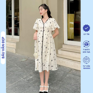 Đầm váy bầu công sở mùa hè dáng tiểu thư chất đũi xốp mềm mát - váy đẹp cho mẹ bầu mặc đi làm đi chơi