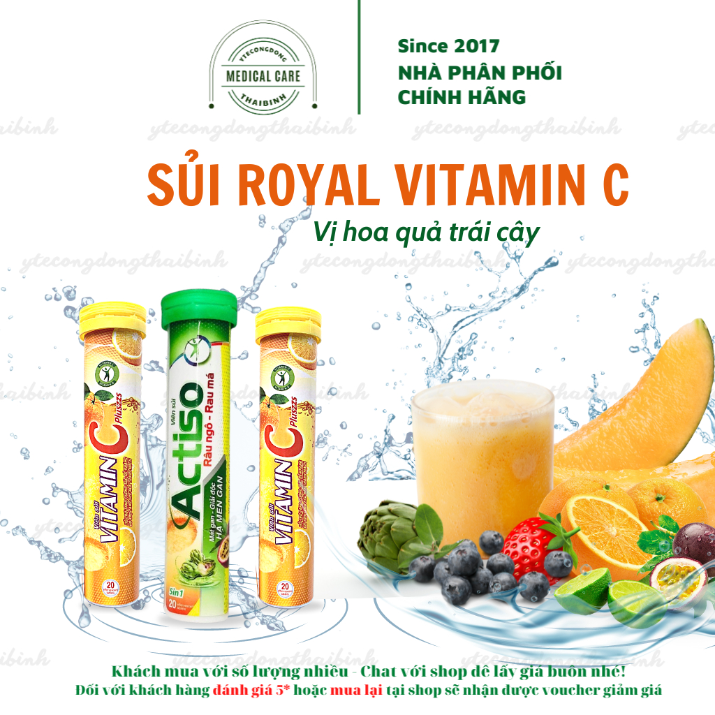 Sủi ROYAL thanh nhiệt mát gan, Sủi Multi Vitamin C giải nhiệt vị hoa quả dứa chanh dây việt quất dâu cam dưa lưới actiso