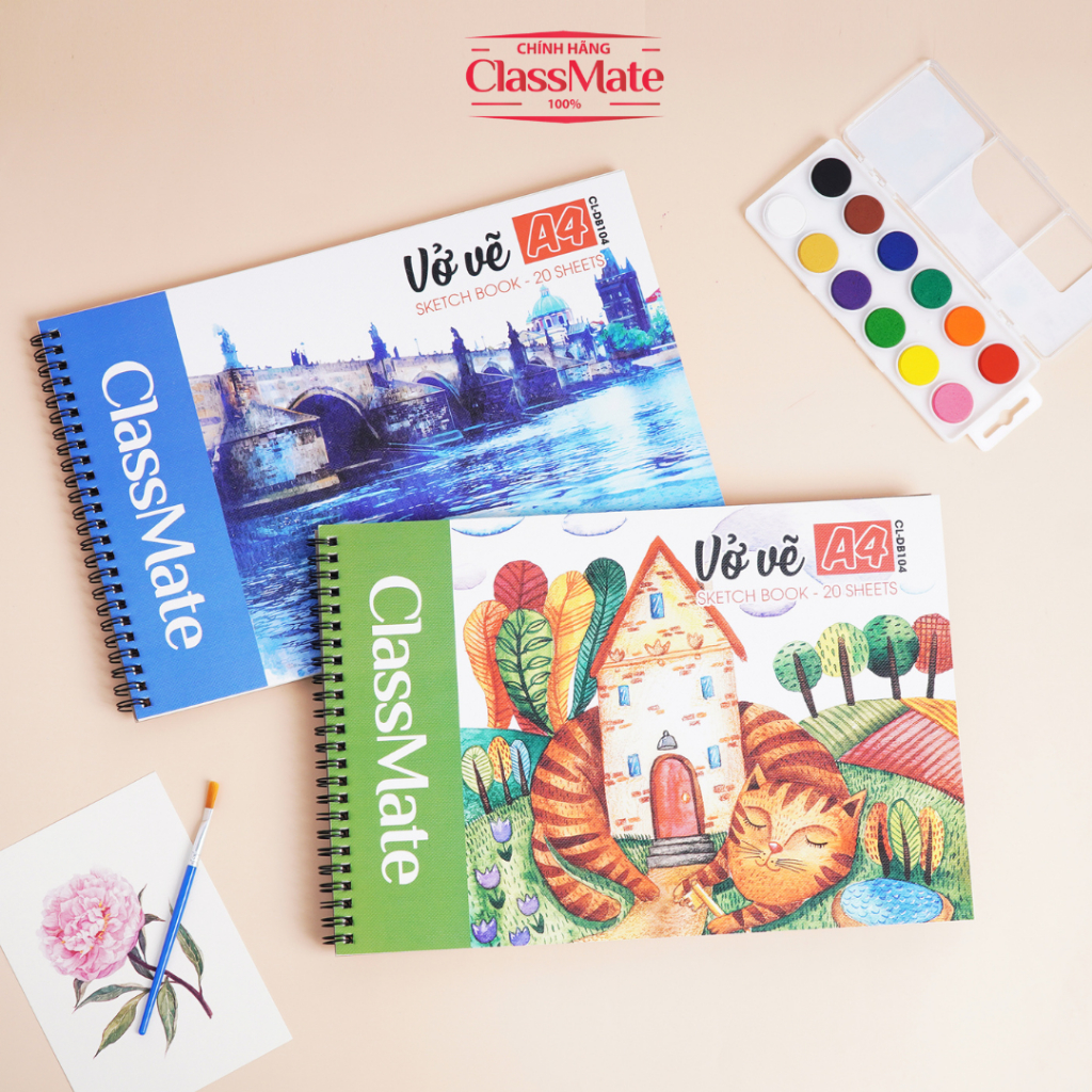 Vở vẽ lò xo A4 CLASSMATE, sổ vẽ Sketchbook 20 tờ định lượng 150gsm chống thấm mặt sau CL-DB104