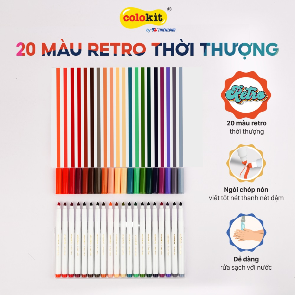 Bút lông màu Fiber Pen 20 màu Retro SWM-C009 Thiên Long Colokit - Bút lông màu rửa được ngòi chóp viết nét thanh nét đậm