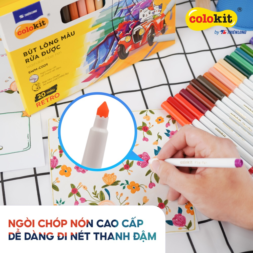 Bút lông màu Fiber Pen 20 màu Retro SWM-C009 Thiên Long Colokit - Bút lông màu rửa được ngòi chóp viết nét thanh nét đậm