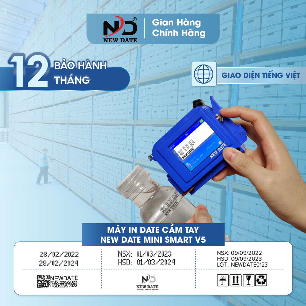 Máy In Date Cầm Tay Mini NEWDATE Smart V5 - Màn Hình Cảm Ứng 2.4 Inch, Thiết Kế Nhỏ/Nhẹ/In Nhanh Hơn, Bảo Hành 12 Tháng