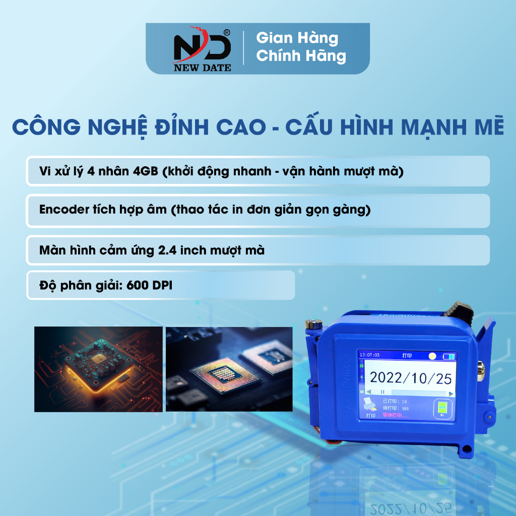 Máy In Date Cầm Tay Mini NEWDATE V3 - Màn Hình Cảm Ứng 2.4 Inch, In Date, NSX-HSD, Logo, Mã Vạch Trên Mọi Bề Mặt