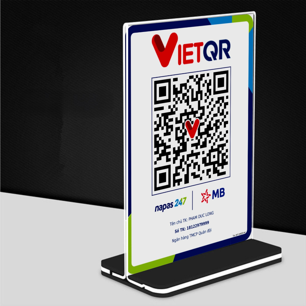 In mã QR ngân hàng theo yêu cầu kèm kệ mica trong suốt  A5 15x21cm, A6 10x15 cm, A7 7,4x10cm