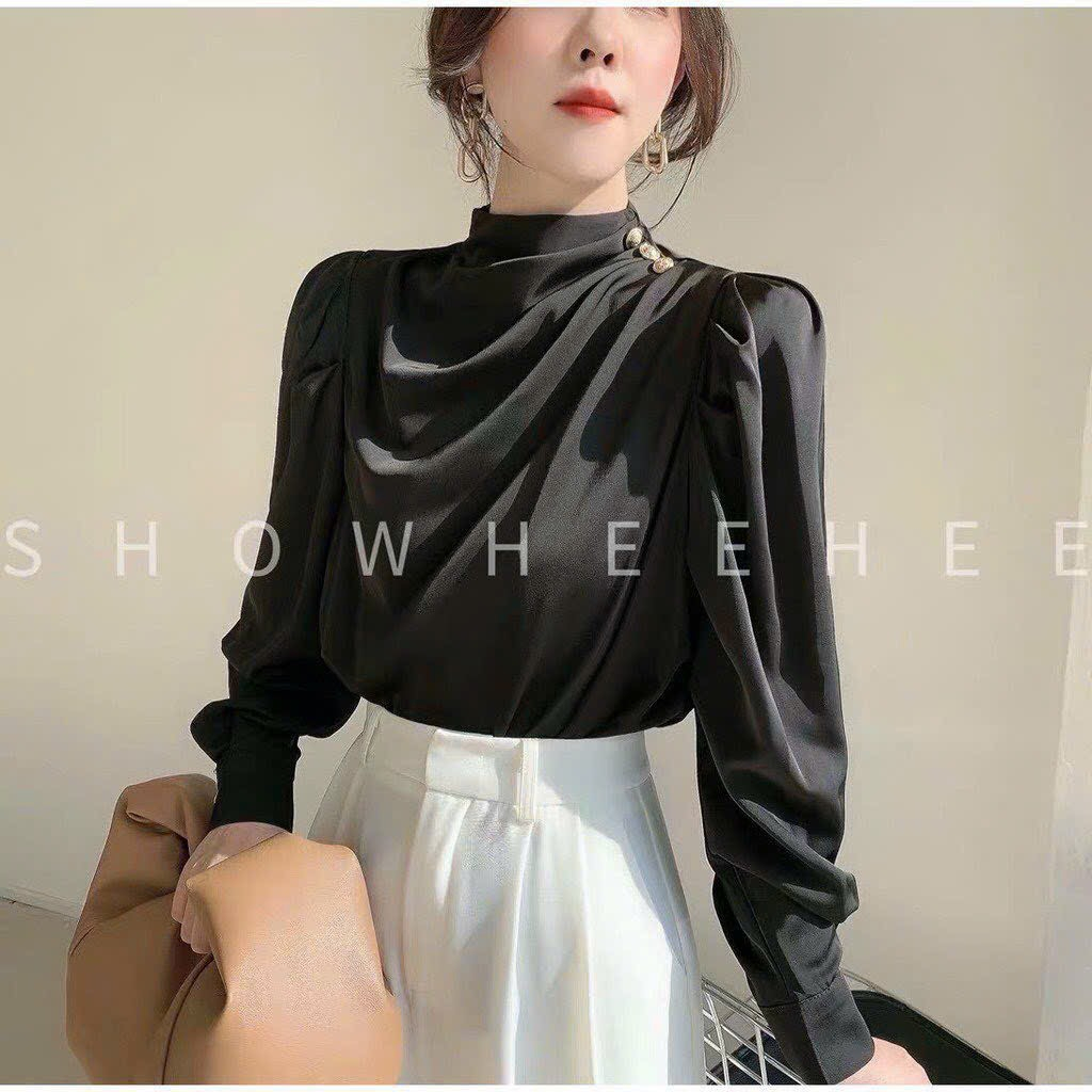 [7.7 Sales Freeship] Áo sơ mi tuyết nhung cổ tròn tay dài xếp ly sang chảnh,áo tuyết nhung cổ cao đính nút phong cách hq