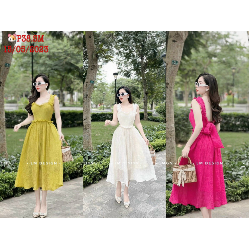 Váy đầm maxi 2 dây bản to bèo hở lưng cột nơ sau dáng váy midi xèo thiết kế kiểu tiểu thư sang chảnh, đi biển đi chơi