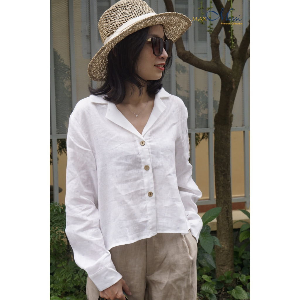 MaxMessi - Áo sơ mi nữ Linen Tưng Premium PRINT form rộng tay dài cổ chữ V họa tiết hoa nhí