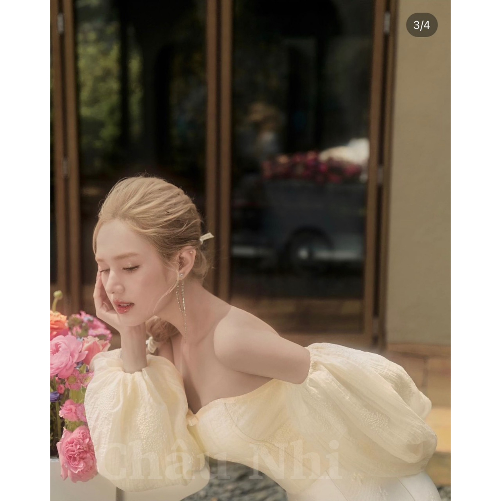 Set Áo Trễ Vai Tay Bồng Mix Chân Váy Chữ A Thiết Kế Tiểu Thư Cao Cấp Sang Chảnh