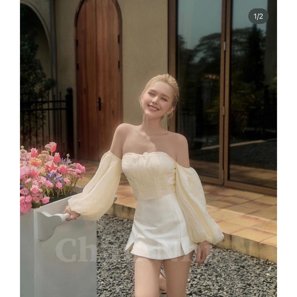 Set Áo Trễ Vai Tay Bồng Mix Chân Váy Chữ A Thiết Kế Tiểu Thư Cao Cấp Sang Chảnh