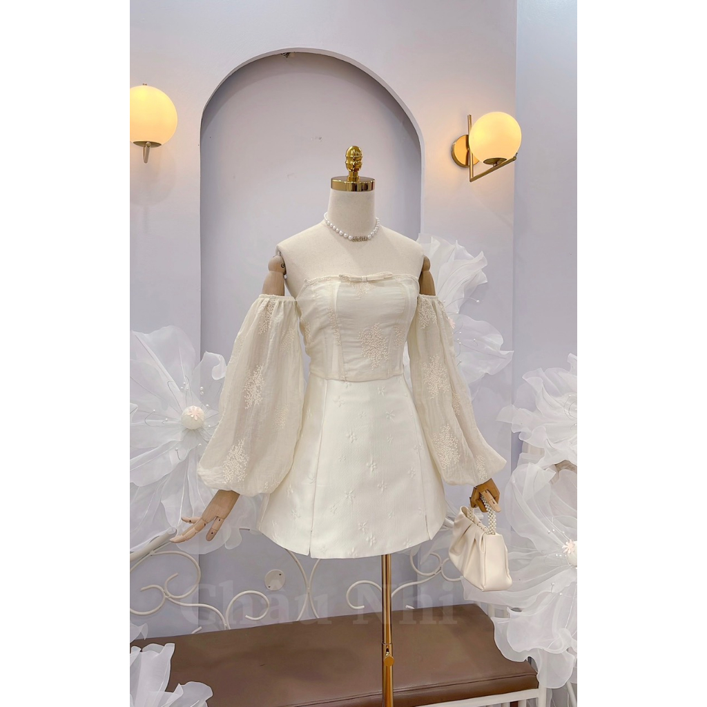 Set Áo Trễ Vai Tay Bồng Mix Chân Váy Chữ A Thiết Kế Tiểu Thư Cao Cấp Sang Chảnh