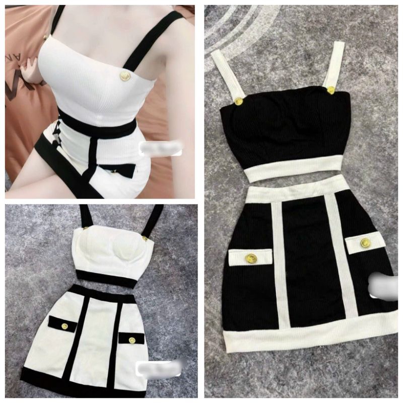 Set 2 món nữ áo croptop và chân váy ôm chạy viền tôn dáng