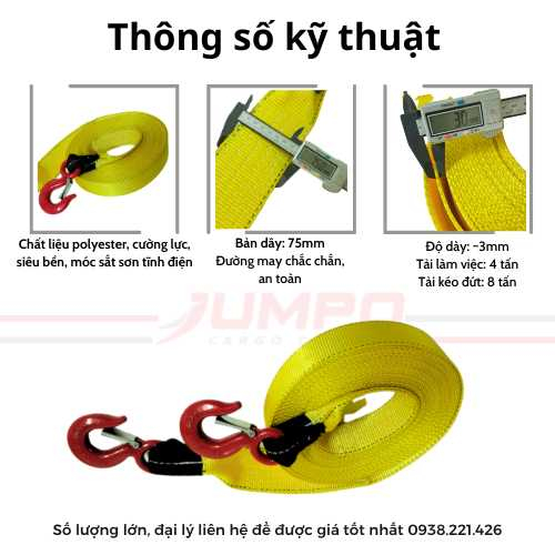 Dây cáp vải kéo cứu hộ xe ô tô, dây cáp vải kéo hàng, kéo Pallet thùng xe tải, container bản 75mm 2 đầu móc
