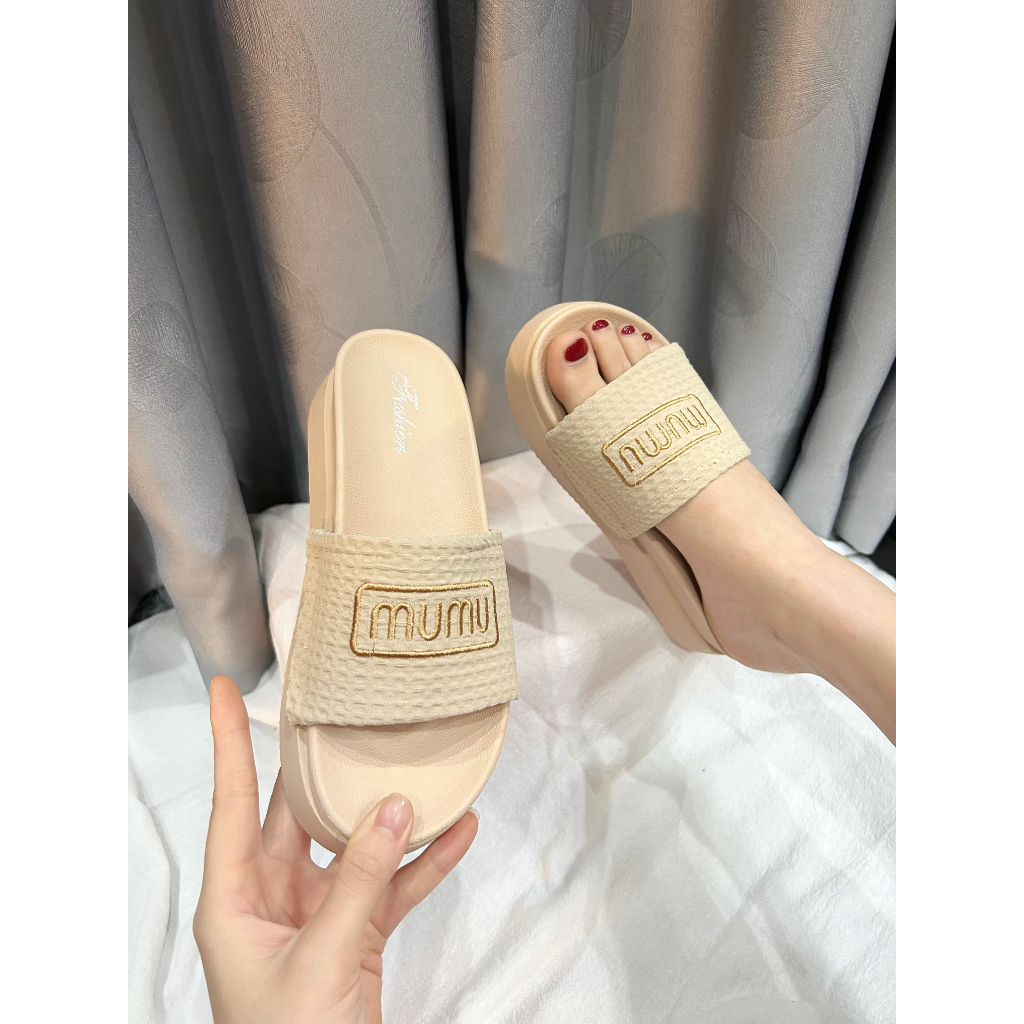 Dép quai vải thêu chữ MUMU siêu xinh đế cao 5 phân tự chụp