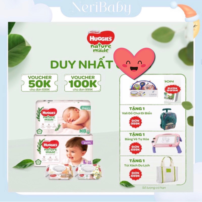Bỉm/Tã dán/quần cho bé Huggies Nature Made thiết kế siêu mỏng size NB60/S82/M64/L54/XL44/XXL26