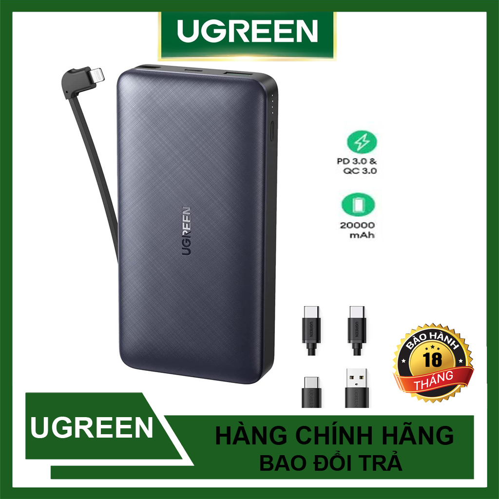 Pin sạc Dự Phòng 20000mAh UGREEN Sạc nhanh PD 3.0 QC 3.0 Kèm cáp Lightning Hàng Chính Hãng