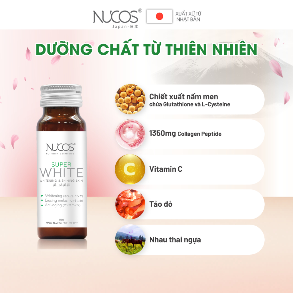 Combo 2 hộp nước uống collagen trắng da mờ thâm nám Nucos Super White 50ml x 2 x 10 chai