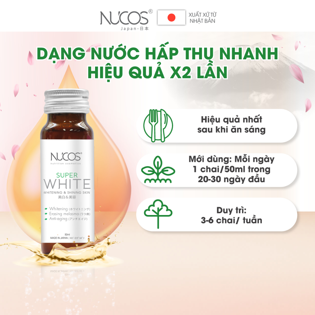 Combo 2 hộp nước uống collagen trắng da mờ thâm nám Nucos Super White 50ml x 2 x 10 chai