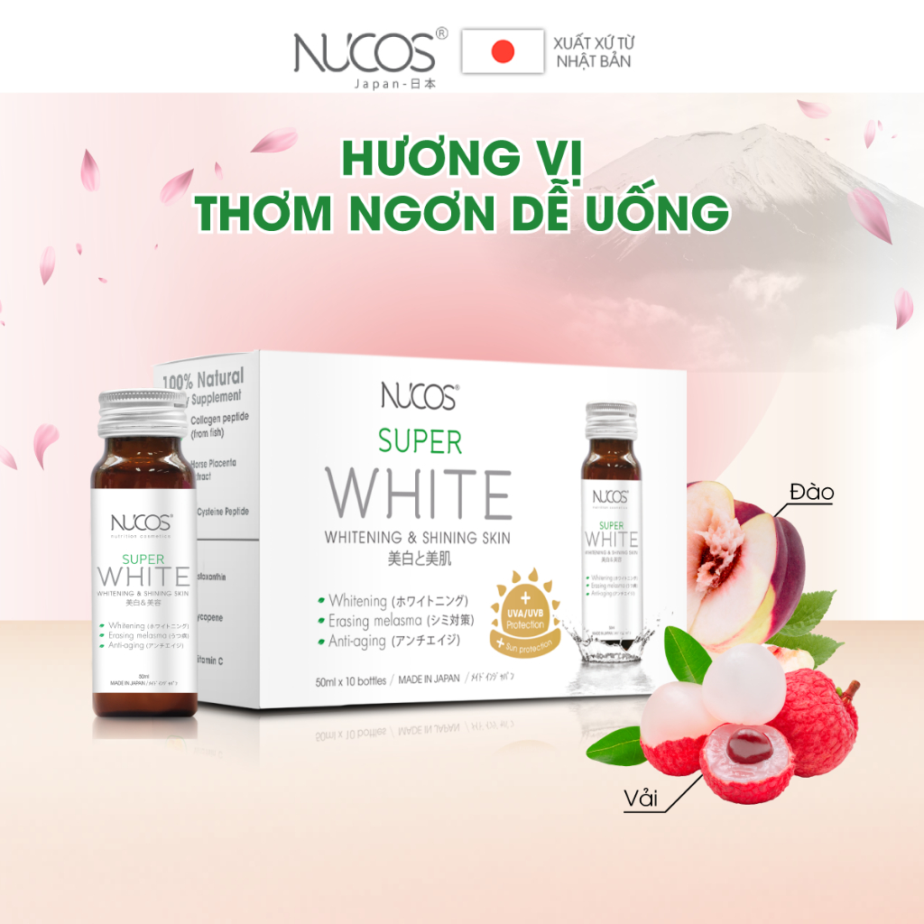 Combo 2 hộp nước uống collagen trắng da mờ thâm nám Nucos Super White 50ml x 2 x 10 chai