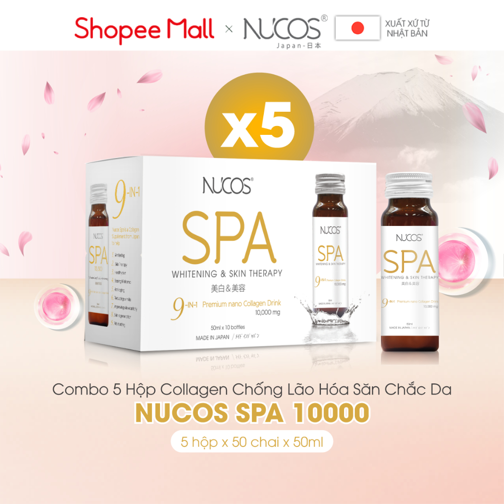 Combo 5 hộp nước uống collagen chống lão hóa trắng da Nucos Spa 10000 50ml x 5 x 10 chai