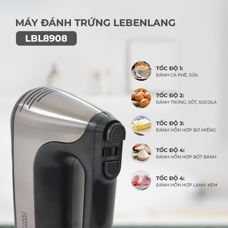 Máy đánh trứng Lebenlang LBL8908, trộn bột cầm tay 5 tốc độ, công suất lớn 400W, bảo hành 2 năm - hàng chính hãng