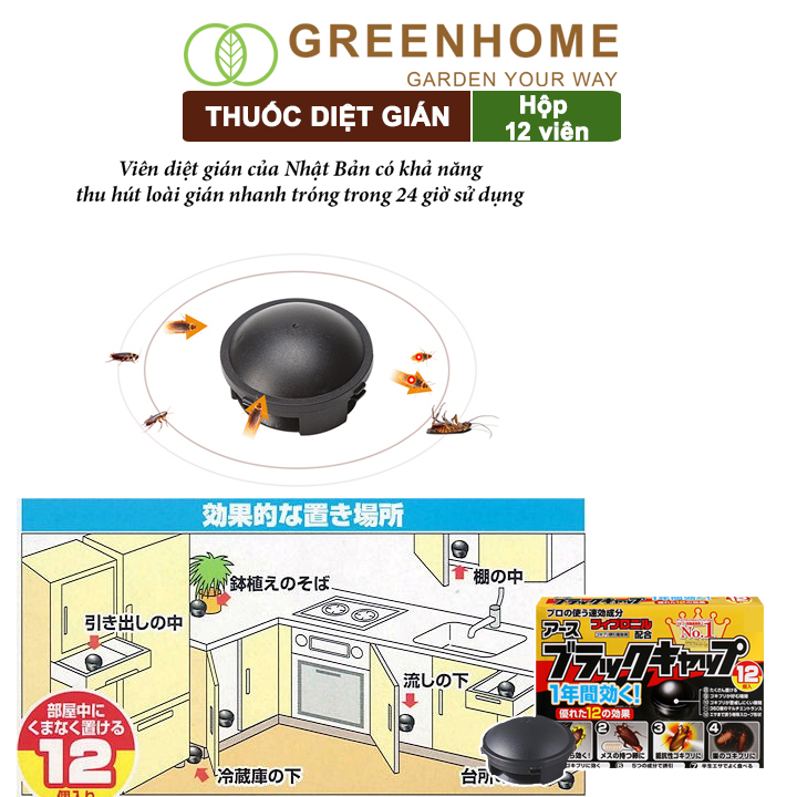 Thuốc diệt gián Greenhome, hộp 12 viên, diệt tận gốc, dễ sử dụng, tác dụng lâu dài, an toàn