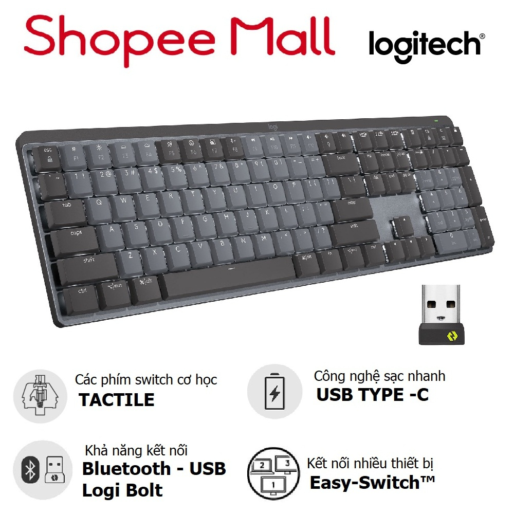 Bàn phím cơ không dây Logitech MX Mechanical – Tactile, chiếu sáng nền, sạc USB-C, mac OS | Win